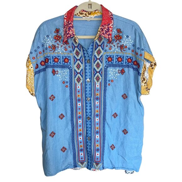 John Mark Womens Shirt Size Large Blue Embroidered Eyelet Floral Short Sleeve - Picture 1 of 10